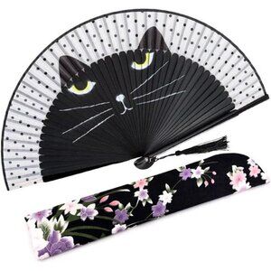 Black Cat Folding Hand Fan Cute Polka Dot Design with Bamboo Frame and Tassel